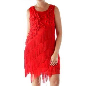 SilkRoll Red Floral Fringe Shift Cocktail Dress